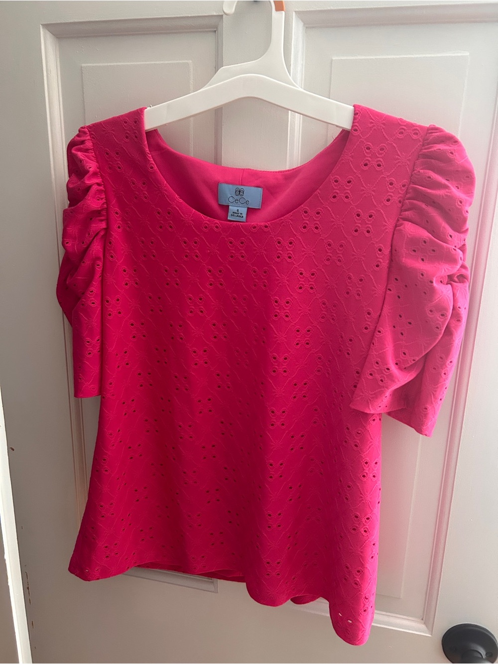 CeCe Hot Pink Eyelet Puff-Sleeve Blouse